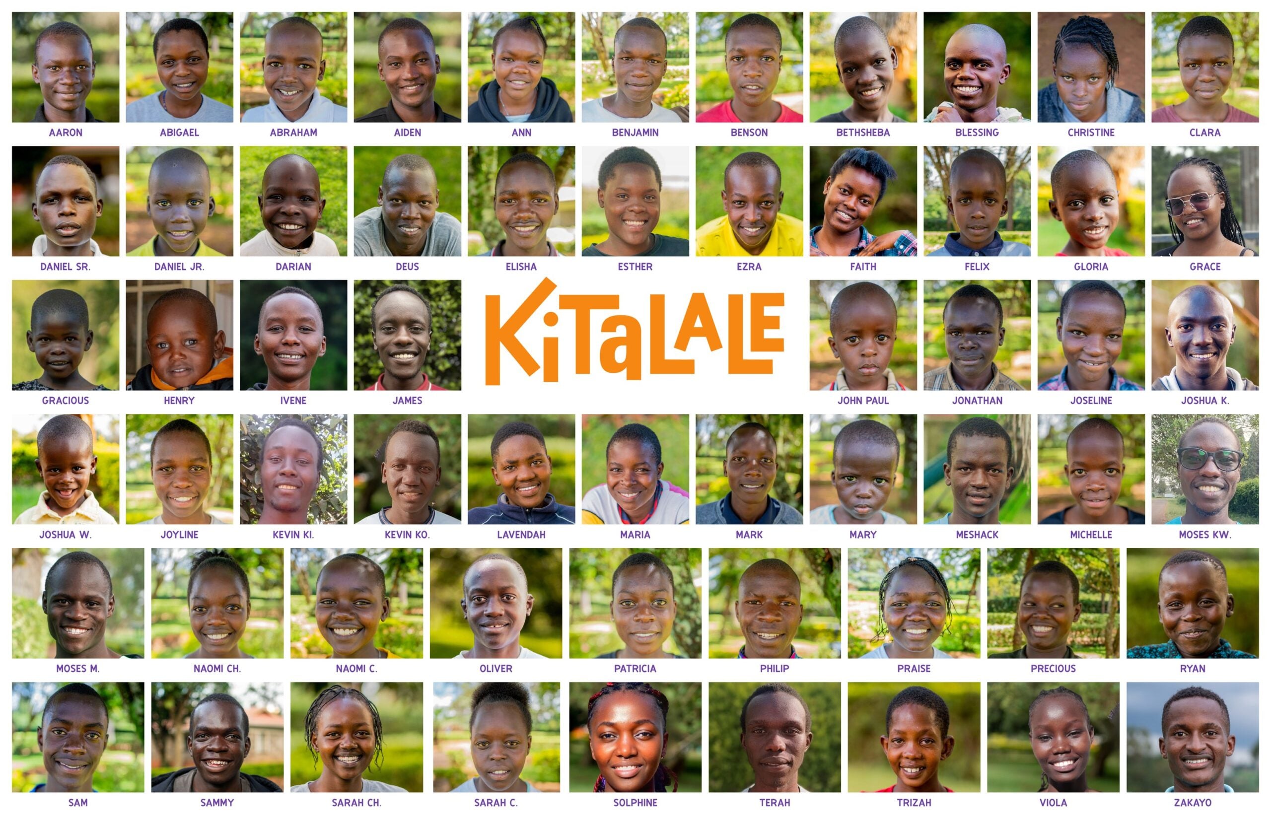 Kitalale family poster: photos and first names of the children at our Kitalale home